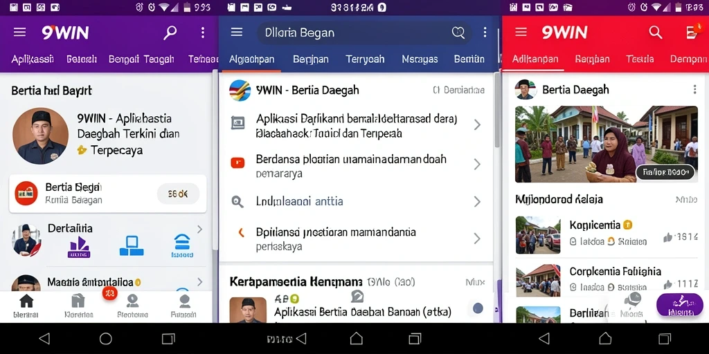 Menampilkan antarmuka aplikasi 9WIN dengan berita daerah terbaru.