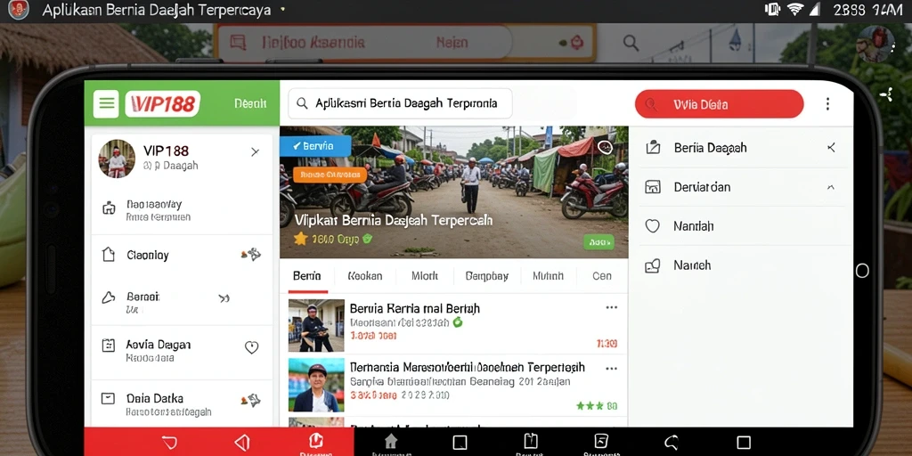 Tampilan antarmuka aplikasi VIP188 yang menampilkan berita daerah terkini.